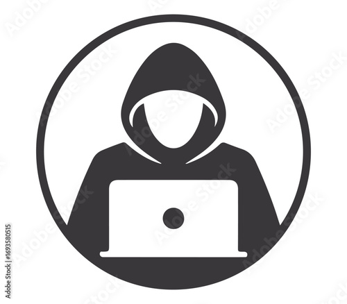Anonymous hacker in a hooded sweatshirt using a laptop computer in a circular icon