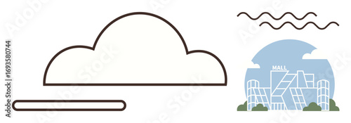 Cloud outline near a stylized mall building with abstract wave lines. Ideal for urban design, retail, sustainability, innovation, digital transformation, creative thinking, modern architecture. A