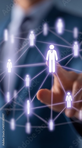 Businessman strategizing with network connections, visualizing global business and technology integration.