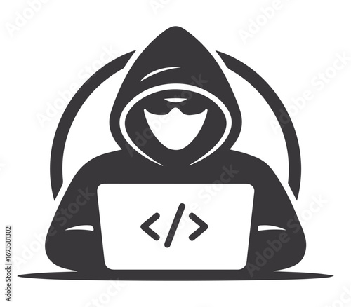 Anonymous hacker in a hooded sweatshirt with sunglasses coding on a laptop computer