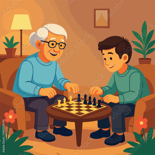Older Man Playing Chess with Grandson in a Cozy Living Room for International Day of Older Persons