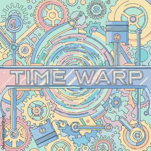 Pastel illustration featuring gears pistons and TIME WARP text within a square border