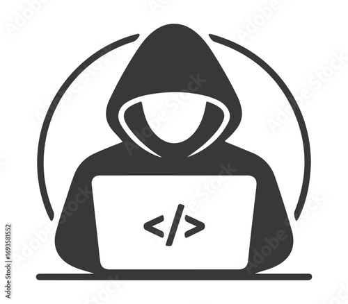Anonymous hacker in a hoodie with a laptop displaying code symbols in a circular frame