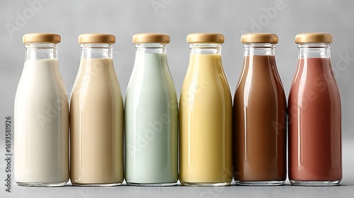 Glass bottles filled with various flavored milks lined up agains