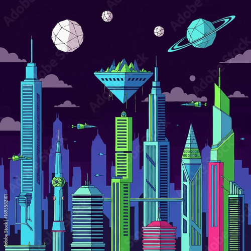 Pixelated cityscape featuring towering futuristic buildings floating structures and planets against a dark night sky