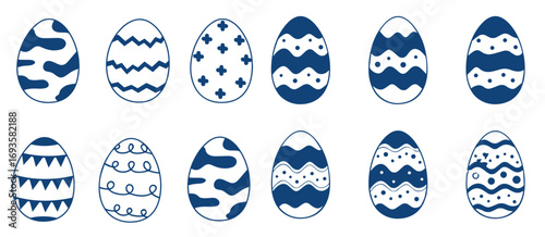 Large set of Easter egg silhouettes, coloring, lines. Set of Easter eggs with ornament. Black linear Easter icon isolated on white background