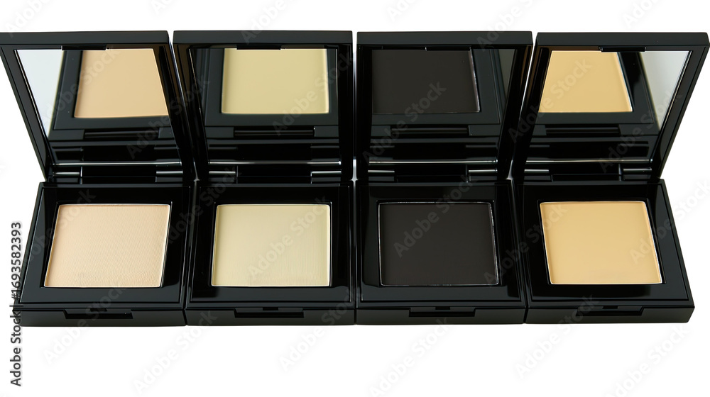 Fototapeta premium Elegant Makeup Foundation Powders in Stylish Black Cases for Flawless Complexion and Beauty Enhancement