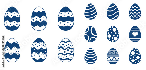 Large set of Easter egg silhouettes, coloring, lines. Set of Easter eggs with ornament. Black linear Easter icon isolated on white background