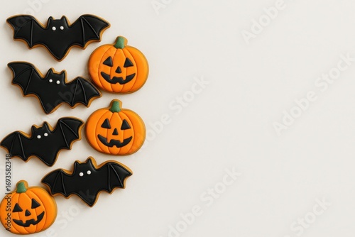 halloween cookies shaped as bats and pumpkins on white table with large clean copyspace concept of bakery and seasonal food