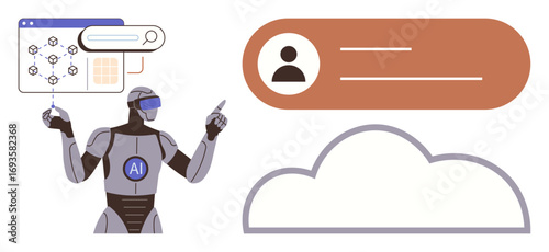 AI robot with VR headset engaged in data interaction, user profile, and cloud interface. Ideal for innovation, automation, machine learning, digital transformation, cloud computing, user experience