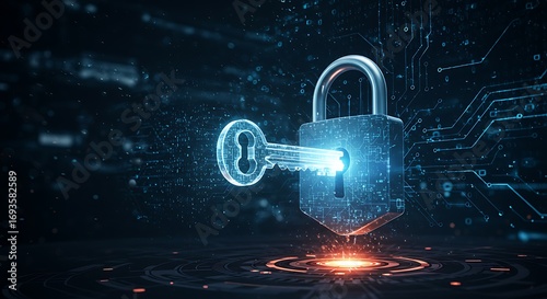 Digital padlock and key made of glowing particles, symbolizing access, security, and unlocking digital information