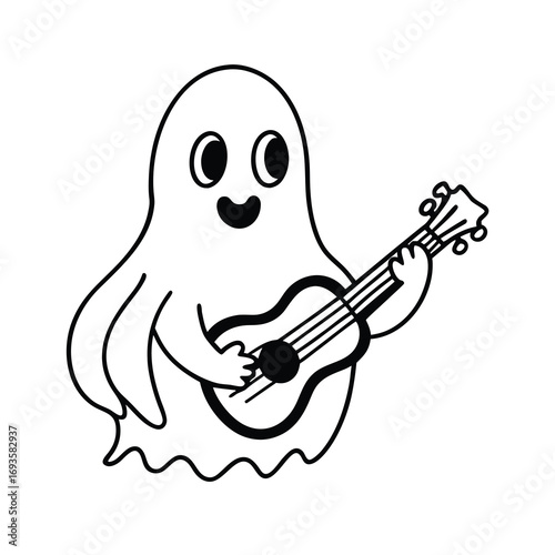 halloween ghost with ukulele design on white background 