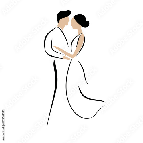 Elegant bride and groom line art illustration, Stylized minimalist drawing of a bride and groom embracing, capturing the elegance and romance of a wedding moment.

