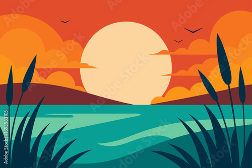 Illustration of sunset over the lake view