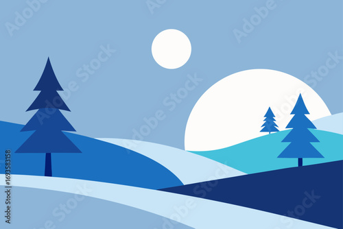 Winter landscape with trees and a bright sun