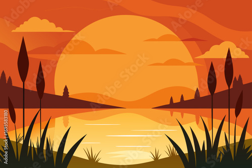 Sunset landscape with lake and vegetation