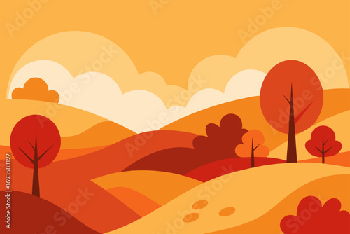 Autumn landscape with trees and hills view