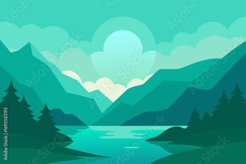 Teal landscape with mountains and a lake