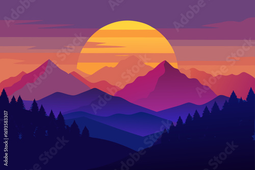 Landscape of mountains with sun setting sky