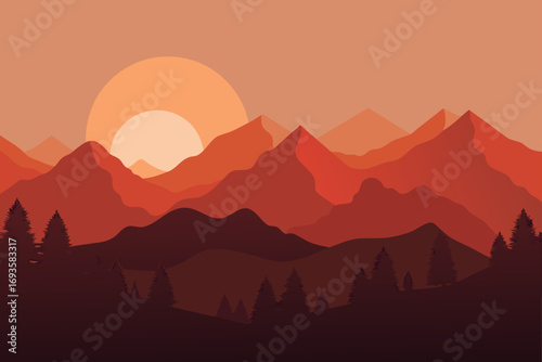 Sunset over layered mountain landscape