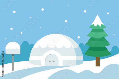 Winter scene with igloo and snowy tree