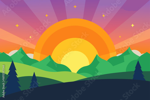 Landscape view with sun and mountain range