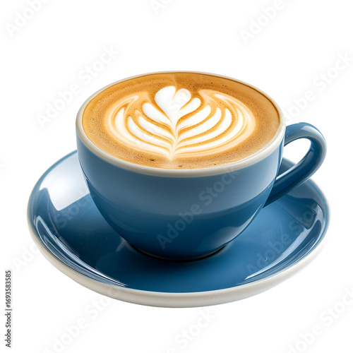 Cup of cappuccino with latte art in blue ceramic cup  
