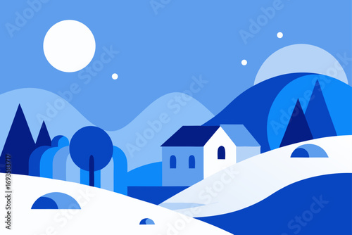 Illustration of house in winter landscape