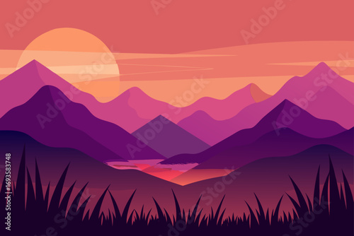 Illustration of mountains at sunset time