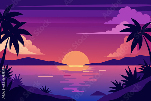 Sunset over sea with palms and mountains