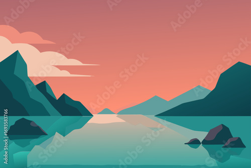 Landscape view of mountains and still water