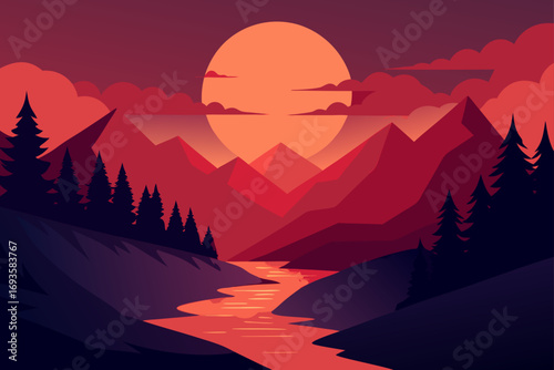 Landscape with mountains river and sunset