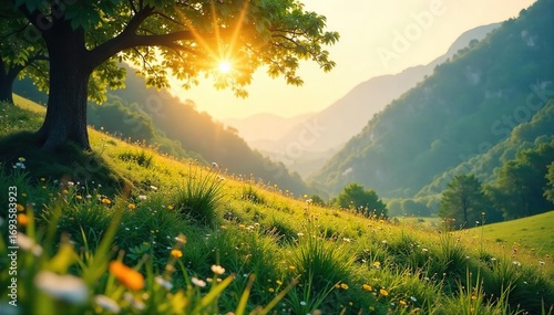 Serene landscape bathed in sunlight, perfect for meditation and relaxation Find inner peace amidst nature's tranquility Ideal for wellness, mindfulness, and spiritual themes , trees, river