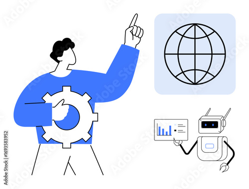 Character holding gear gestures toward a global network icon, alongside a robot presenting data analytics. Ideal for technology, AI, innovation, teamwork, networking, global progress, education