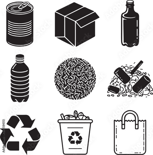 Black and white icons of recycling symbols and waste items trash garbage