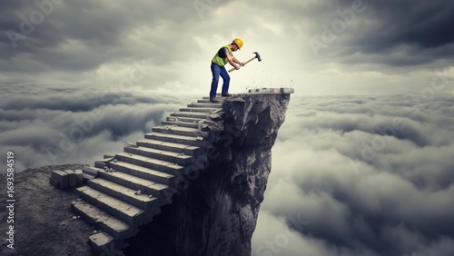 Worker hammering on precarious clifftop steps