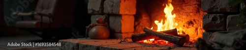 Cozy and inviting hearth, glowing embers casting a warm light on a rustic stone fireplace Perfect for home, comfort, autumn, winter themes , peace, architecture