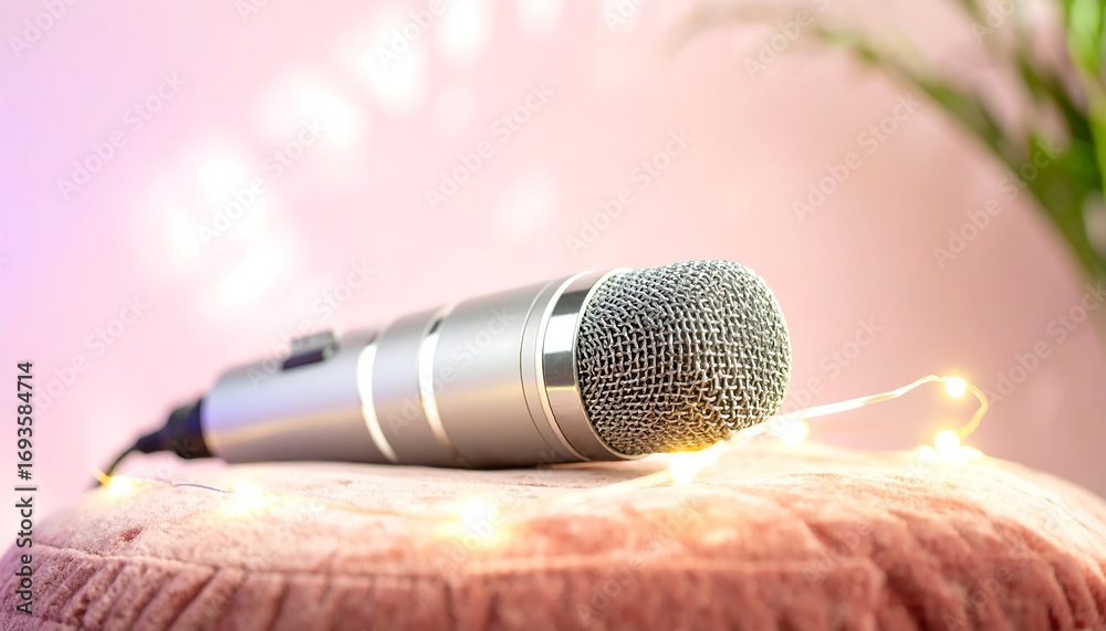 Obraz premium Silver Microphone on Pink Velvet Pillow