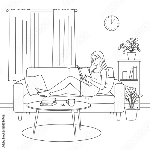 Minimalist Line Art Illustration – Young Woman Reading on Couch in Cozy Living Room
