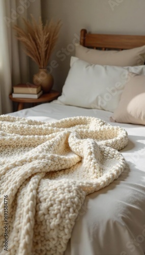 Cozy knitted blanket draped over a bed, inviting and warm, perfect for a peaceful night's sleep  Soft textures and neutral tones create a serene atmosphere , warm, home