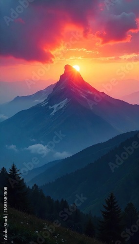 Serene sunrise over a mist-shrouded mountain peak, radiating spiritual energy and tranquility Perfect for meditation, yoga, or spiritual retreat websites , ethereal, harmony, serenity