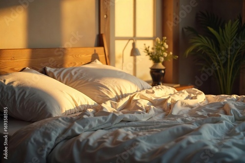 Soft, warm light illuminates a cozy bed scene, perfect for relaxation and sleep The inviting atmosphere is enhanced by subtle shadows and textures , interior, home, lamp
