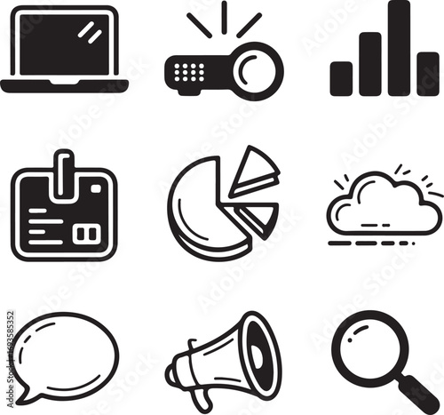 Black Icons Laptop Projector Bar Chart I D Card Pie Chart Cloud Speech Bubble Megaphone Magnifying Glass