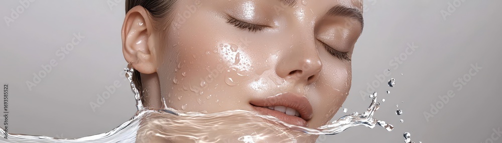 Fototapeta premium A serene close-up of a woman's face partially submerged in water, showcasing radiant skin and droplets glistening around her.