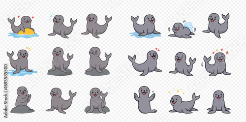 A charming collection of cute cartoon seal characters in various playful poses and happy expressions.