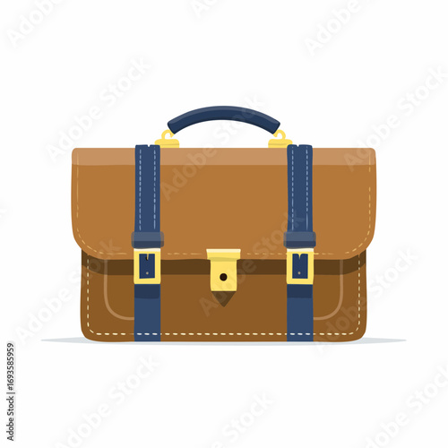 Illustration of a brown leather briefcase with blue straps and a gold clasp.