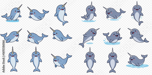 A delightful collection of cute cartoon narwhals in various playful poses, swimming and smiling with joy on a transparent background.