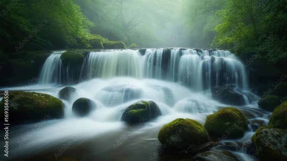 Obraz premium Misty waterfall cascading over rocks