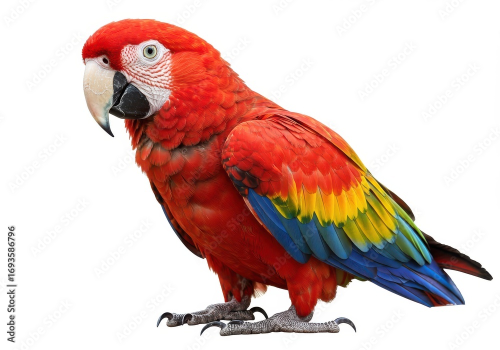 Obraz premium Vibrant scarlet macaw displays its striking plumage against a plain white backdrop.