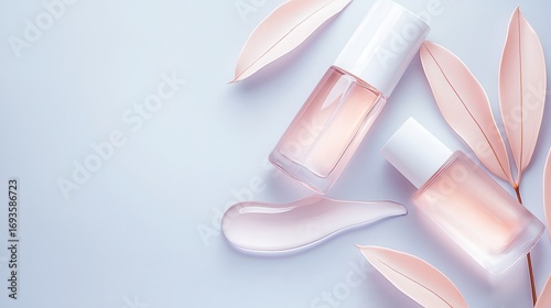 A serene arrangement of pink-tinted cosmetic bottles surrounded by delicate leaves on a soft, light background.